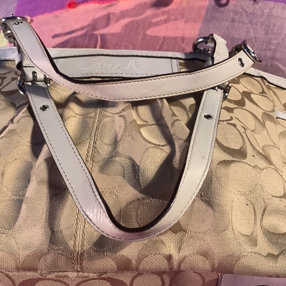 White and tan coach canvas with leather trim. - Picture 10 of 13